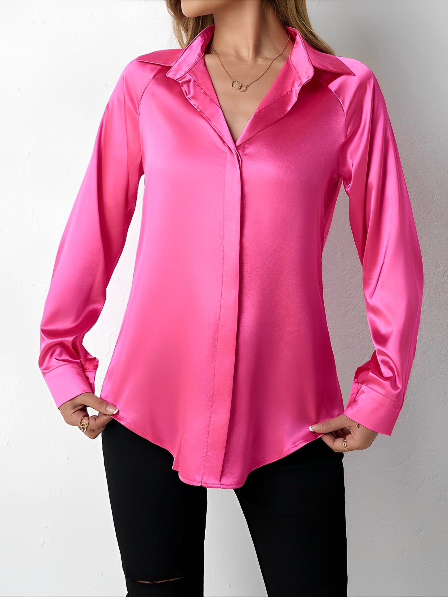 Elegant Blouses for Women with Satin Collared Long Sleeve Solid Work Style