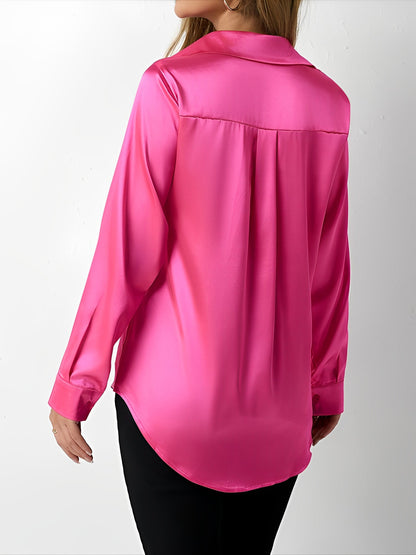 Elegant Blouses for Women with Satin Collared Long Sleeve Solid Work Style