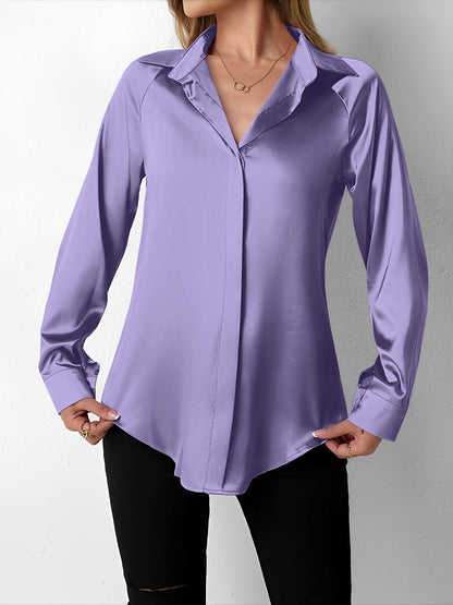 Elegant Blouses for Women with Satin Collared Long Sleeve Solid Work Style