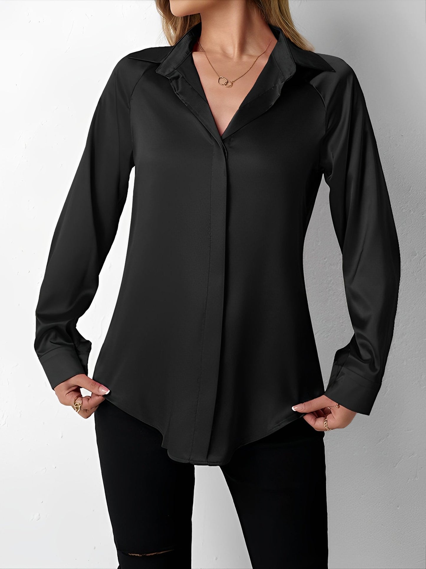 Elegant Blouses for Women with Satin Collared Long Sleeve Solid Work Style