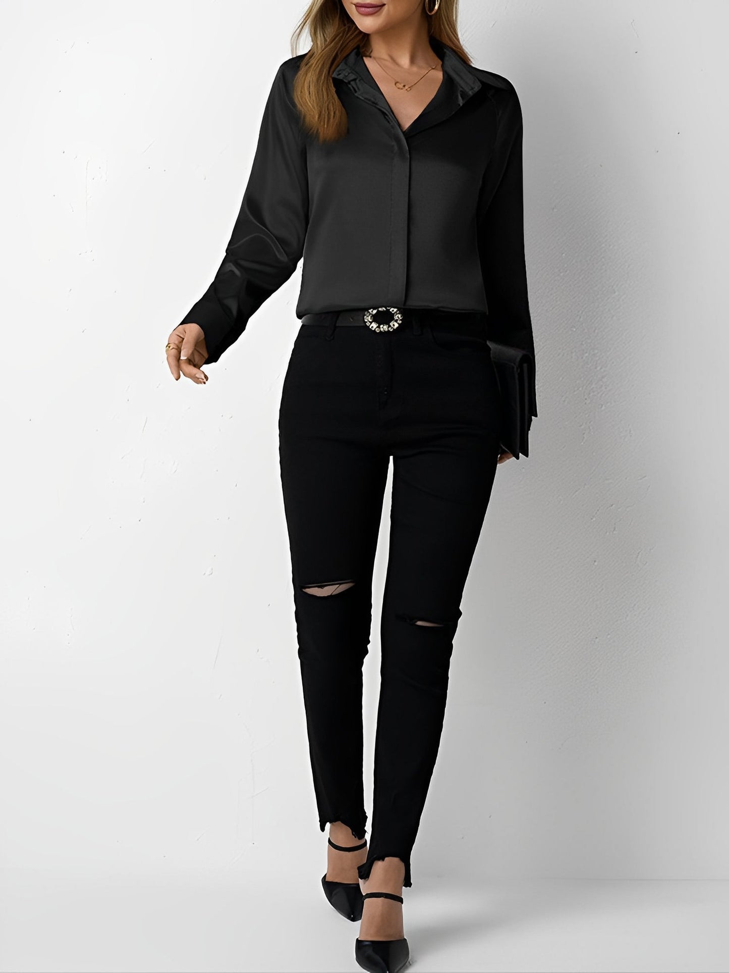 Elegant Blouses for Women with Satin Collared Long Sleeve Solid Work Style