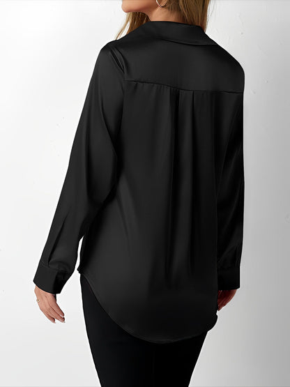 Elegant Blouses for Women with Satin Collared Long Sleeve Solid Work Style