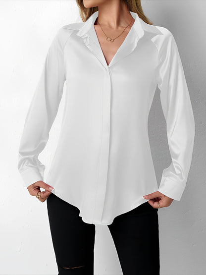 Elegant Blouses for Women with Satin Collared Long Sleeve Solid Work Style