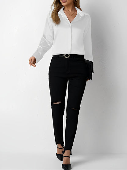 Elegant Blouses for Women with Satin Collared Long Sleeve Solid Work Style