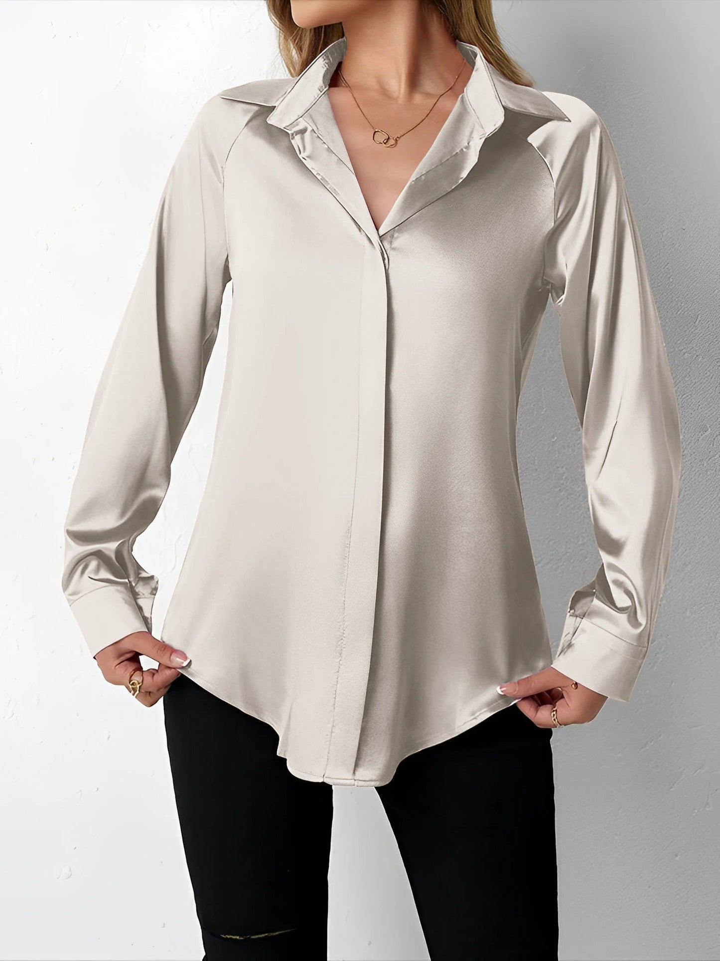 Elegant Blouses for Women with Satin Collared Long Sleeve Solid Work Style