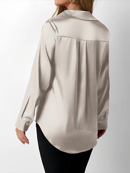Elegant Blouses for Women with Satin Collared Long Sleeve Solid Work Style