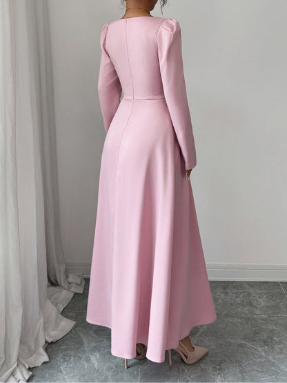 Elegant Mother of the Bride Pink Maxi Dress for Women with Square Neck Pleated Skirt