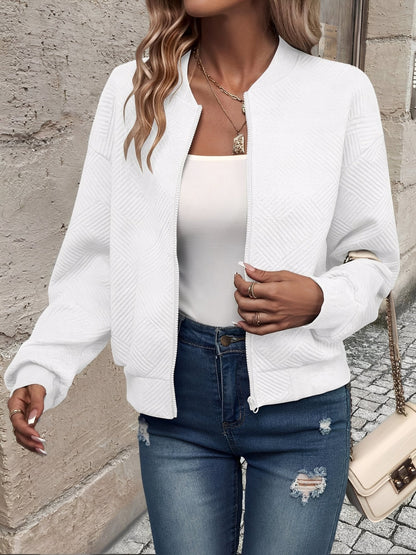 Effortless Bomber Jacket for Women with Zip Front Waffle Knit Ribbed Trim Style