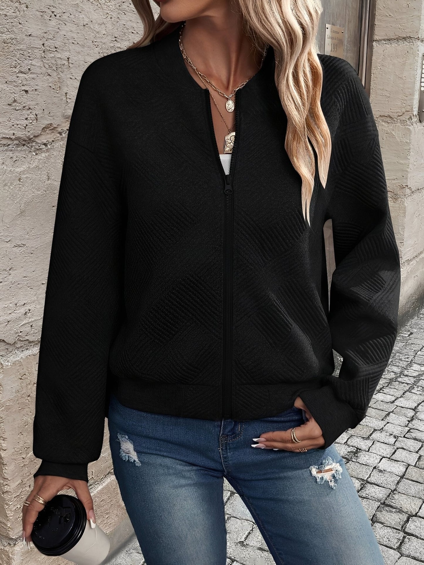 Effortless Bomber Jacket for Women with Zip Front Waffle Knit Ribbed Trim Style