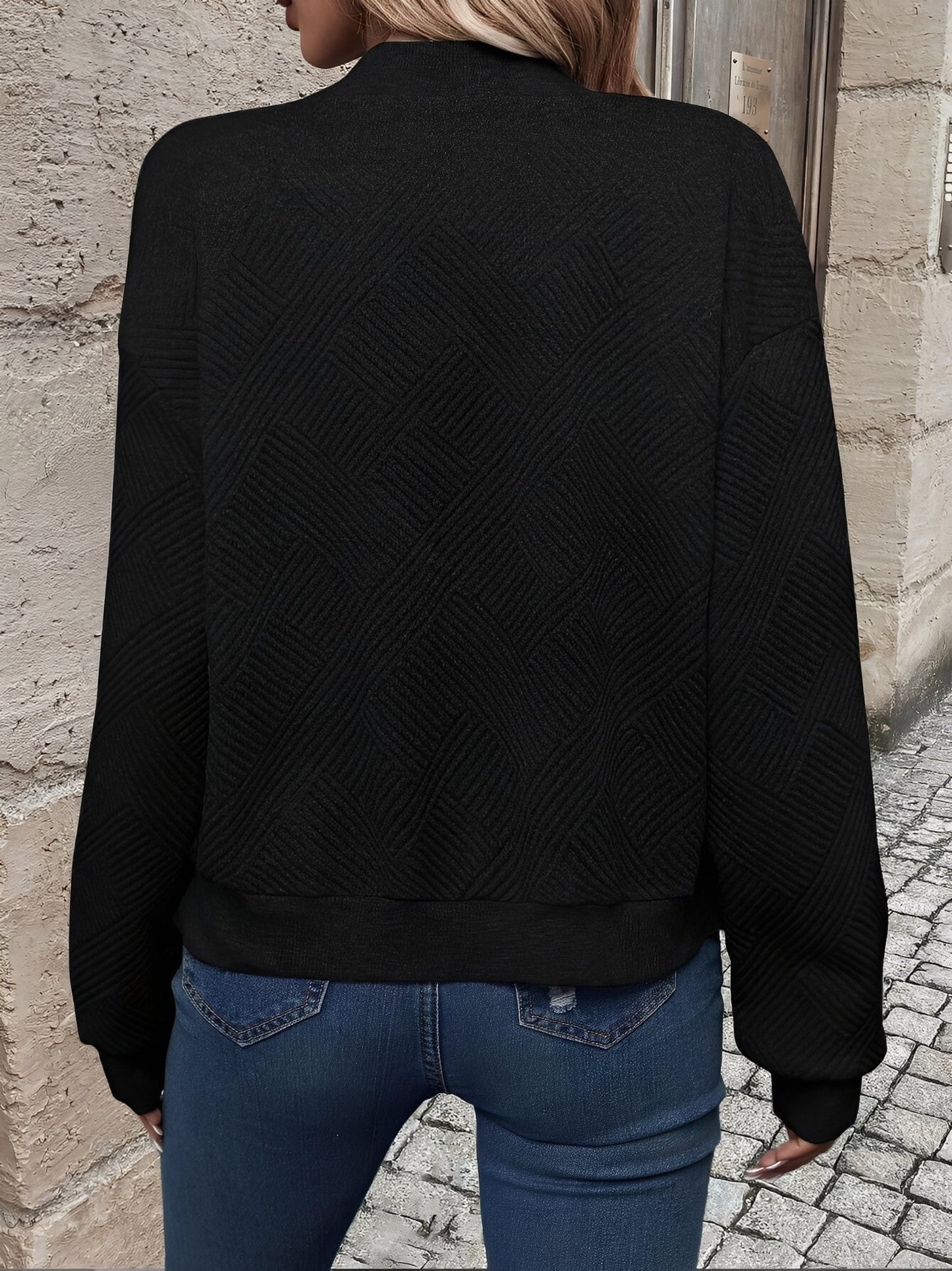 Effortless Bomber Jacket for Women with Zip Front Waffle Knit Ribbed Trim Style