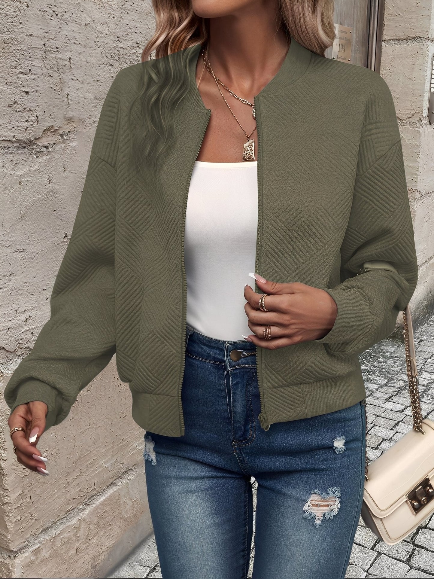Effortless Bomber Jacket for Women with Zip Front Waffle Knit Ribbed Trim Style