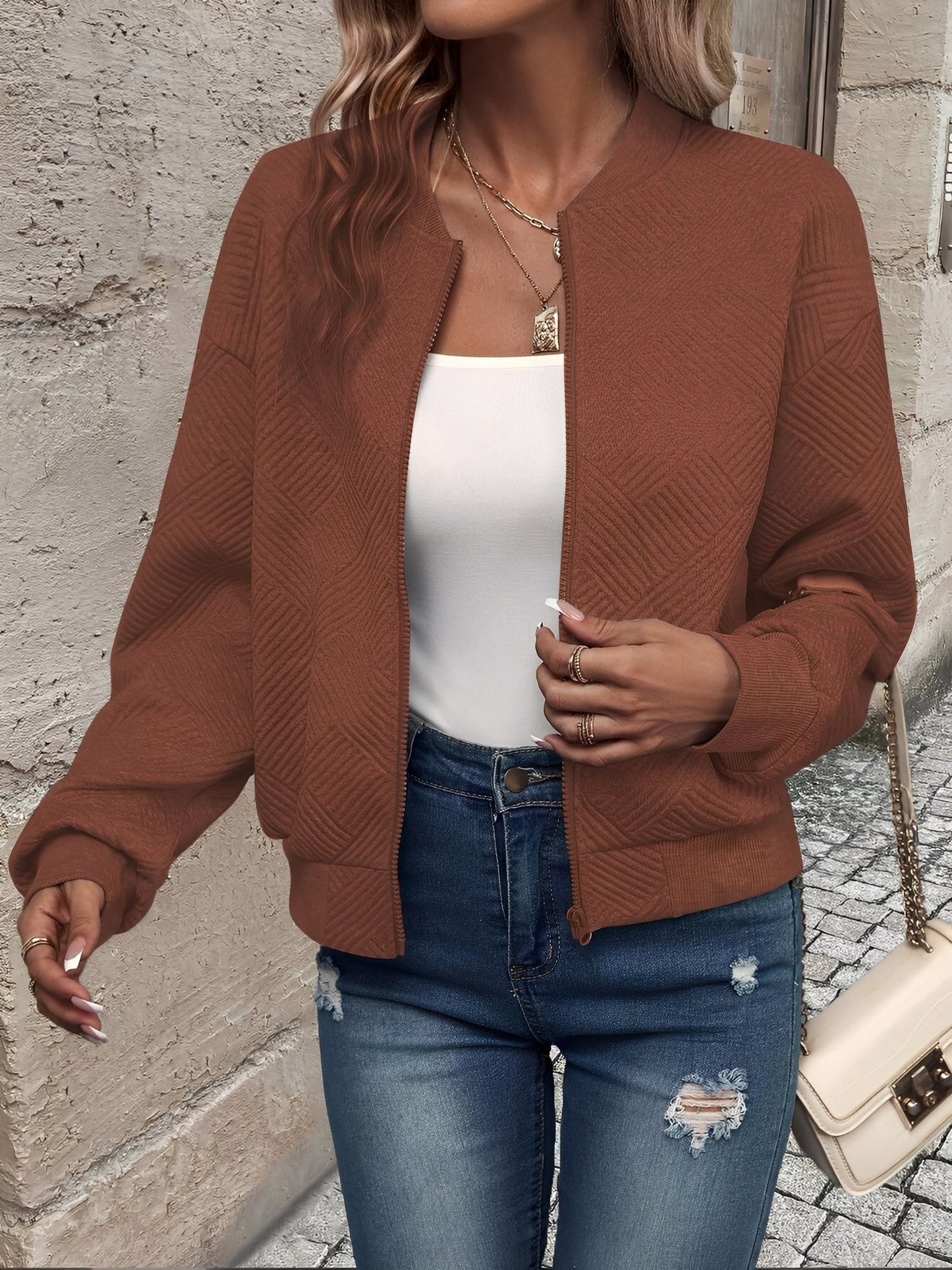 Effortless Bomber Jacket for Women with Zip Front Waffle Knit Ribbed Trim Style