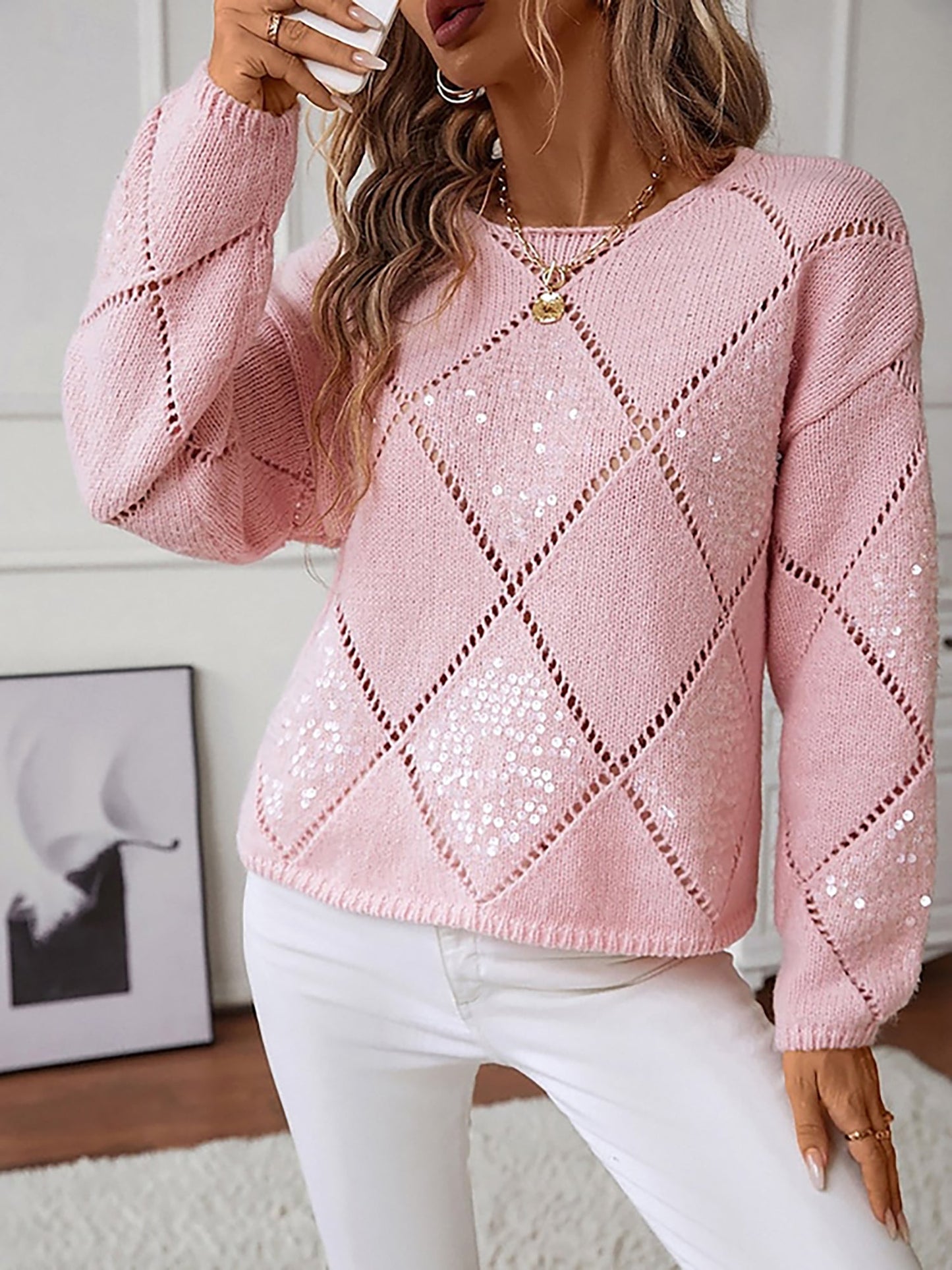 Comfortable Sequin Knit Sweater for Women with Crew Neck Diamond Pattern Sparkle Style