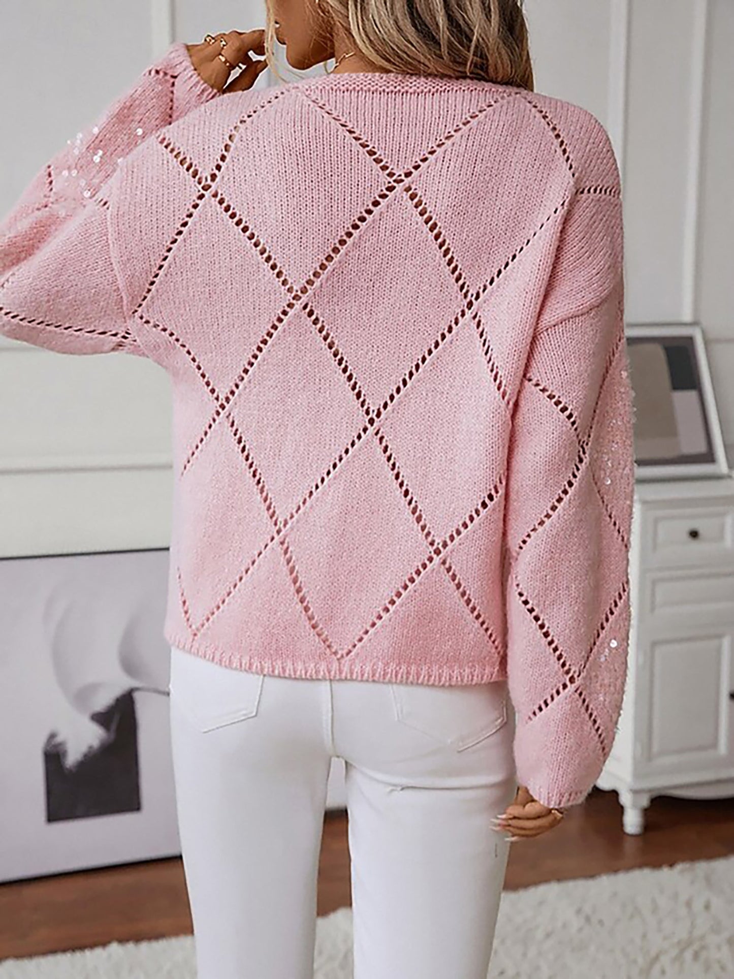 Comfortable Sequin Knit Sweater for Women with Crew Neck Diamond Pattern Sparkle Style