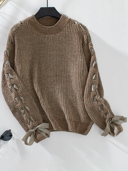 Effortless Sweatshirt for Women with Lace Trim Sleeve Crewneck Waffle Knit Style
