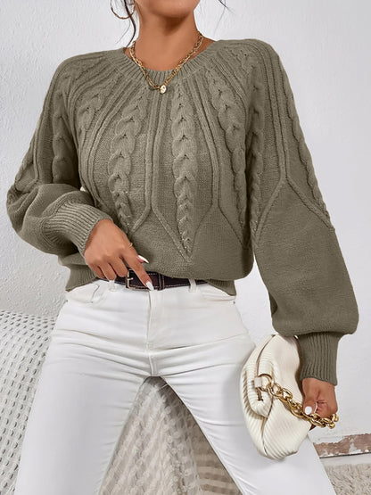 Comfortable Cable Knit Sweater for Women with V Neck Balloon Sleeve Oversized Style