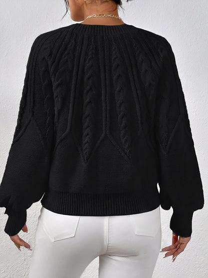 Comfortable Cable Knit Sweater for Women with V Neck Balloon Sleeve Oversized Style