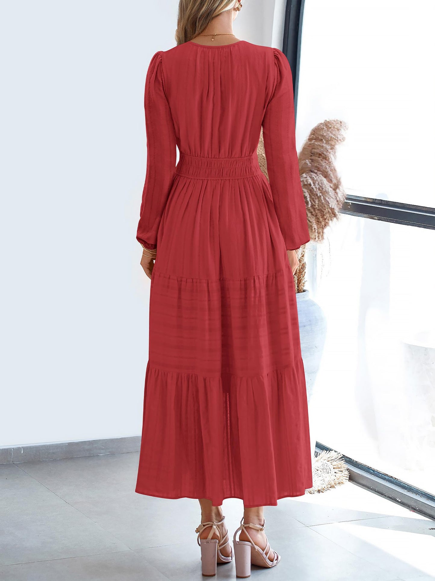 Effortless Red Tiered Maxi Dress for Women with Smocked Waist Long Sleeve Flowy Style