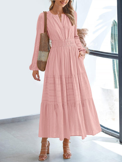 Elegant Pink Dress for Women with V Neck Long Sleeve Tiered Maxi Style