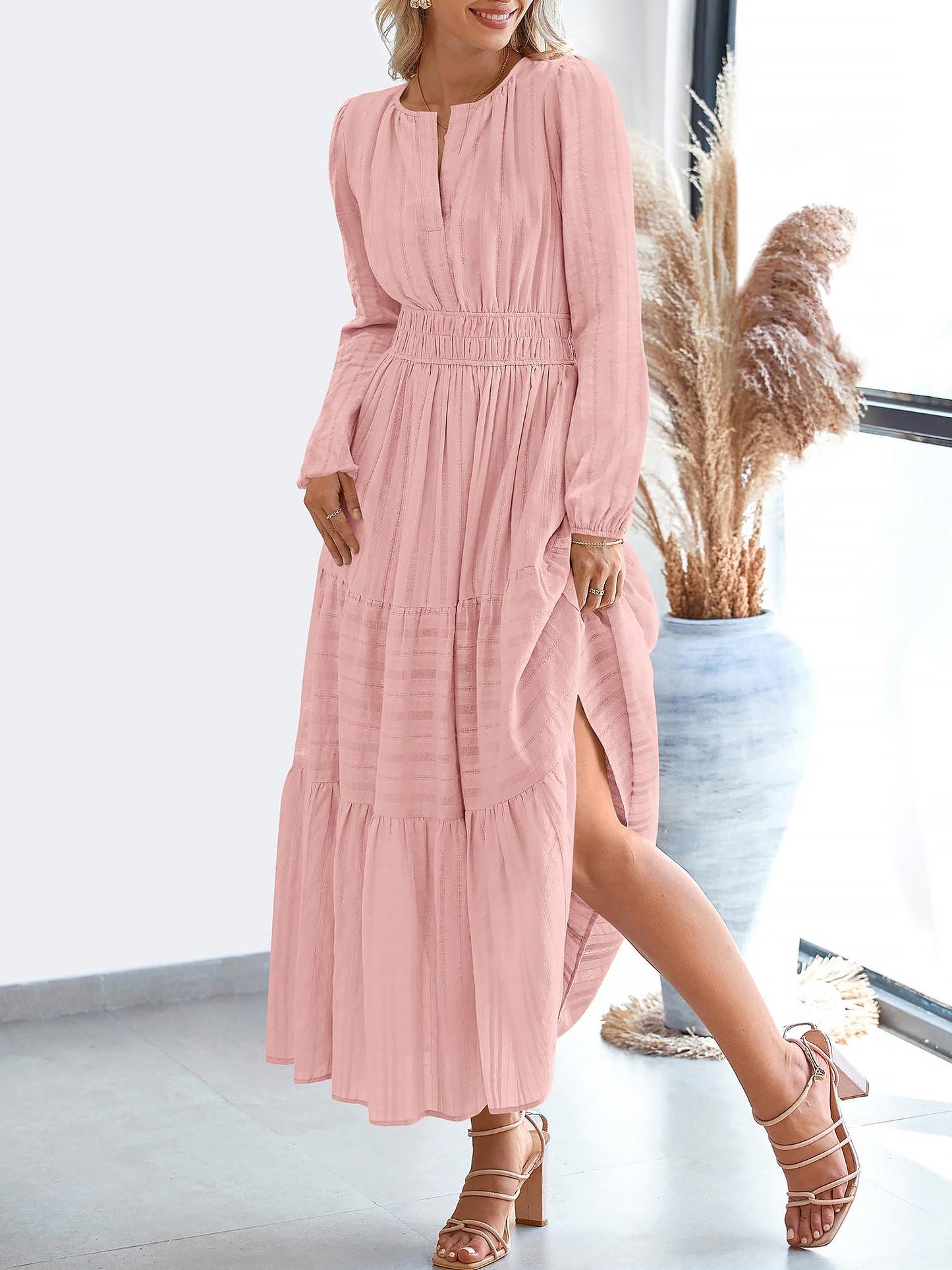 Elegant Pink Dress for Women with V Neck Long Sleeve Tiered Maxi Style