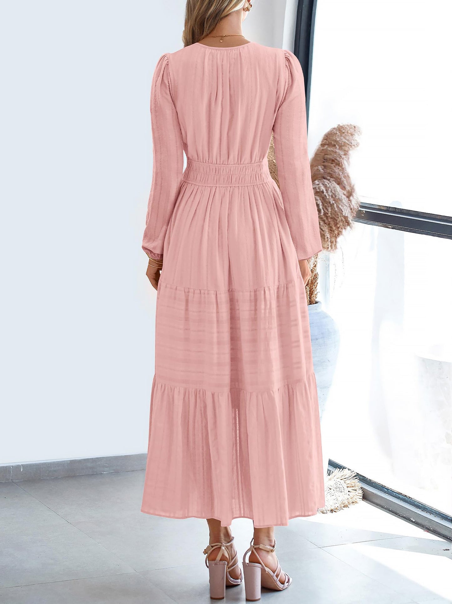 Elegant Pink Dress for Women with V Neck Long Sleeve Tiered Maxi Style