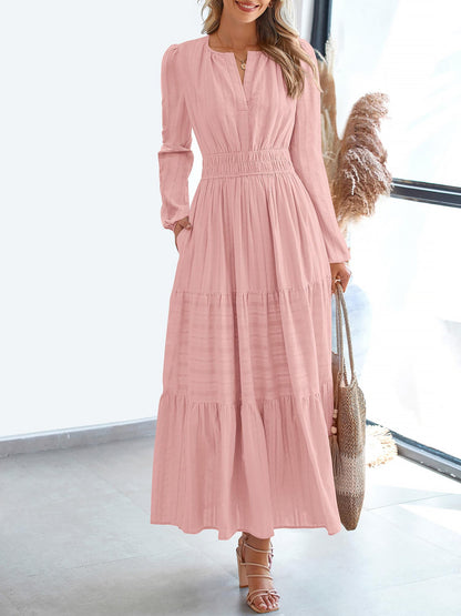 Elegant Pink Dress for Women with V Neck Long Sleeve Tiered Maxi Style