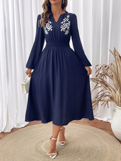 Elegant Navy A Line Wedding Dress for Women with Embroidered V Neck Long Sleeve