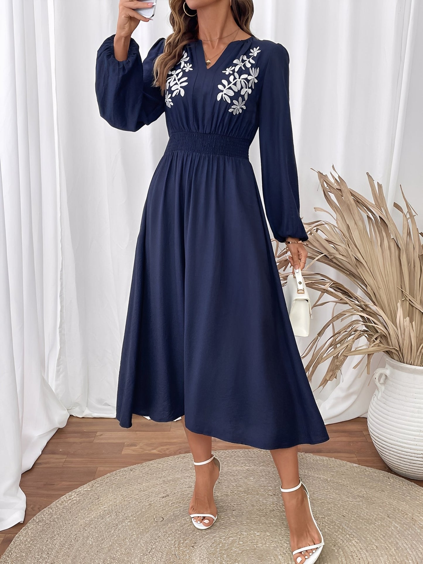 Elegant Navy A Line Wedding Dress for Women with Embroidered V Neck Long Sleeve