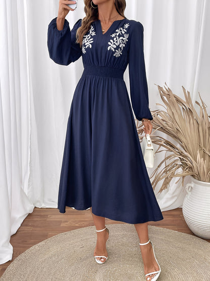 Elegant Navy A Line Wedding Dress for Women with Embroidered V Neck Long Sleeve