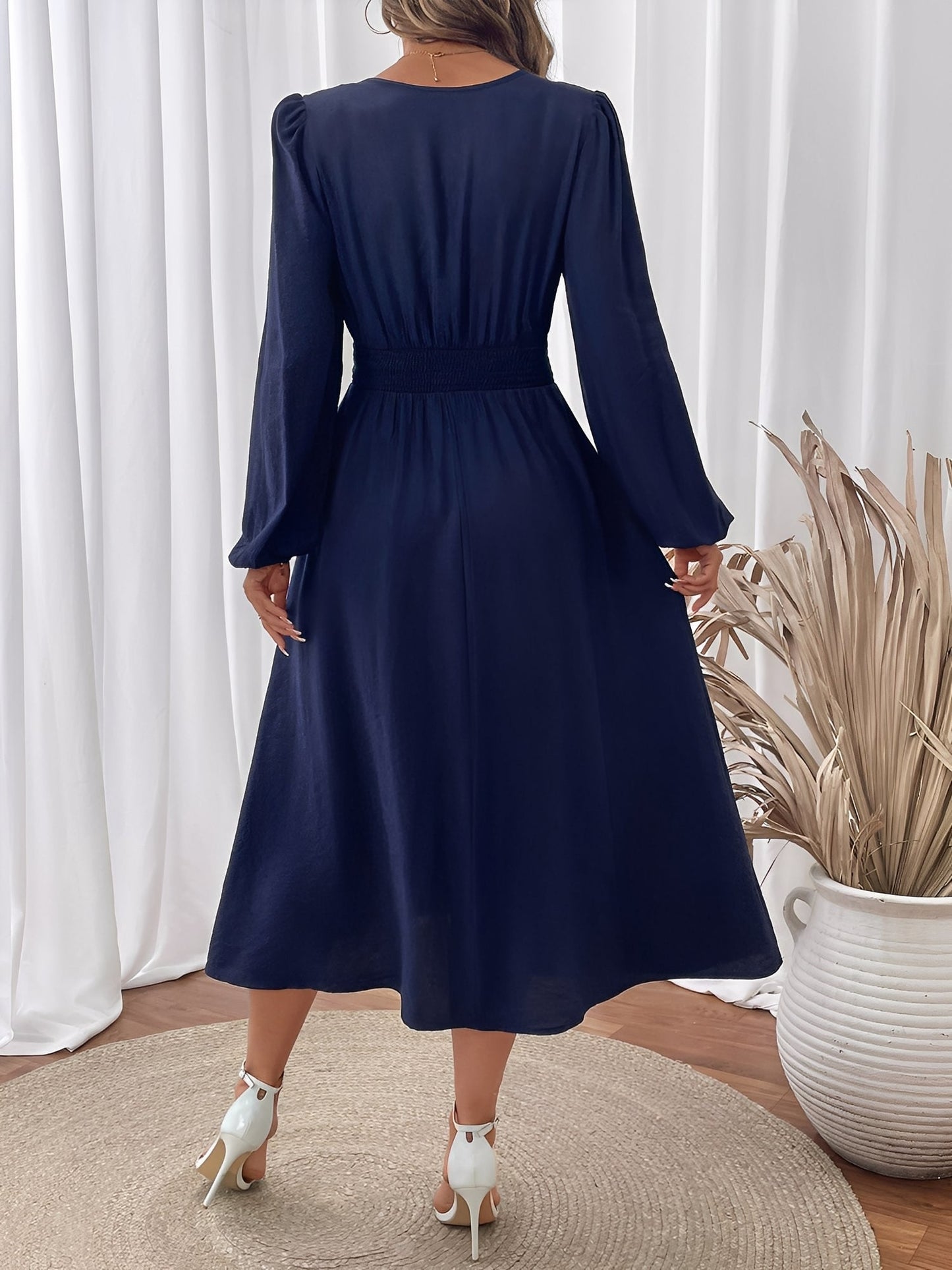 Elegant Navy A Line Wedding Dress for Women with Embroidered V Neck Long Sleeve