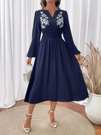 Elegant Navy A Line Wedding Dress for Women with Embroidered V Neck Long Sleeve