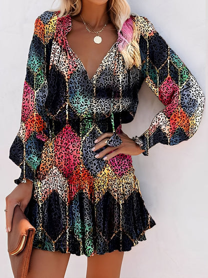 Effortless Mini Dress for Women with V Neck Long Sleeve Tiered Flowy Style
