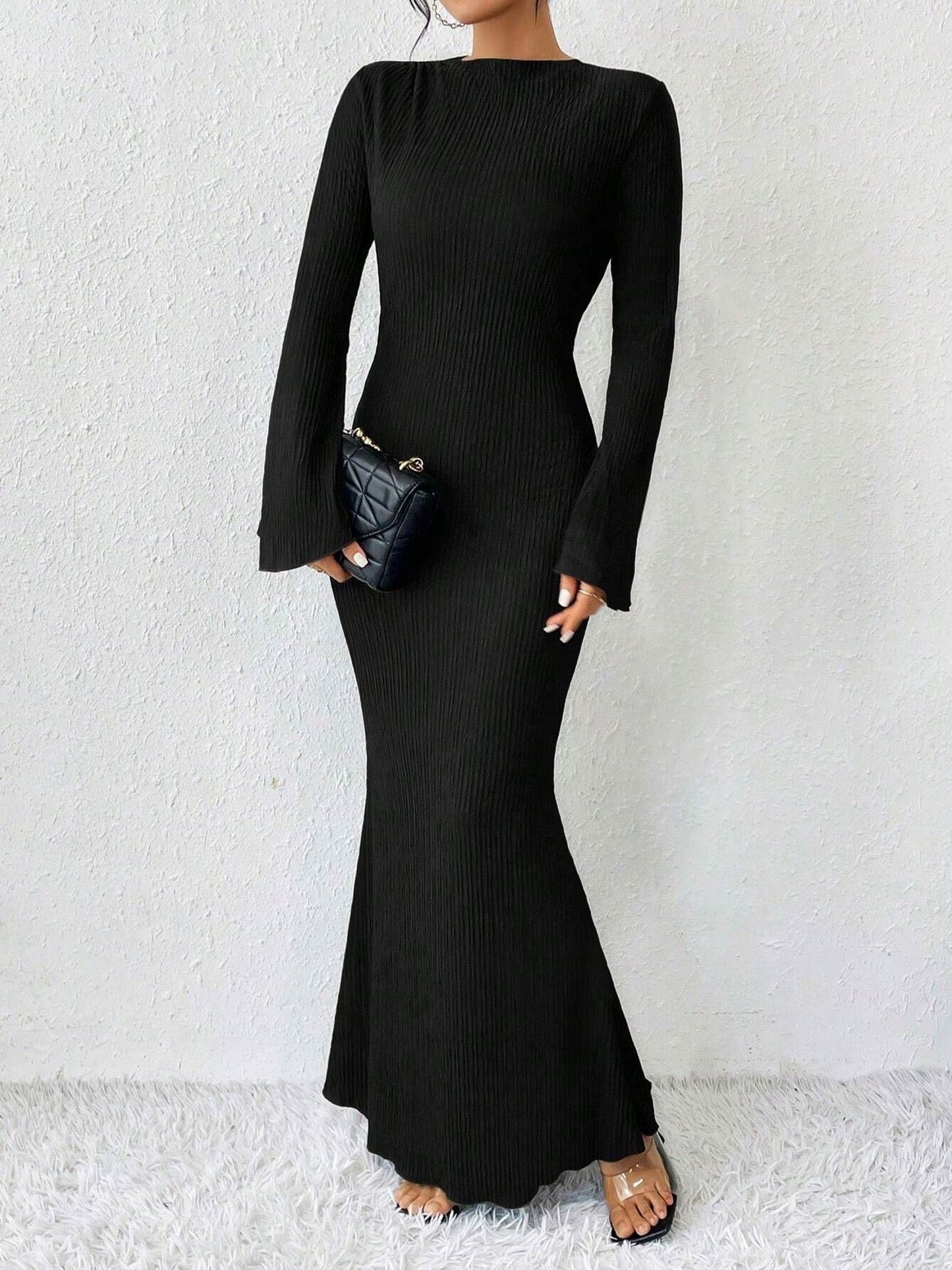 Elegant Black Tie Dress for Women with Mock Neck Long Sleeve Bodycon Maxi