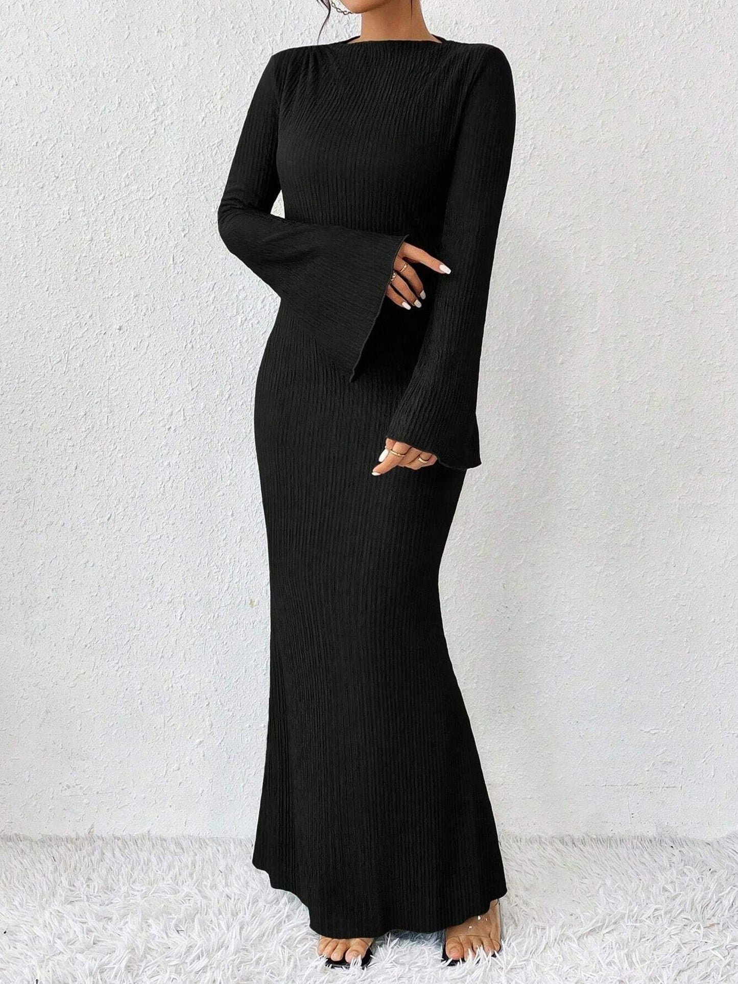 Elegant Black Tie Dress for Women with Mock Neck Long Sleeve Bodycon Maxi