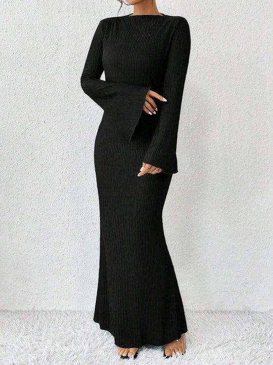 Elegant Black Tie Dress for Women with Mock Neck Long Sleeve Bodycon Maxi