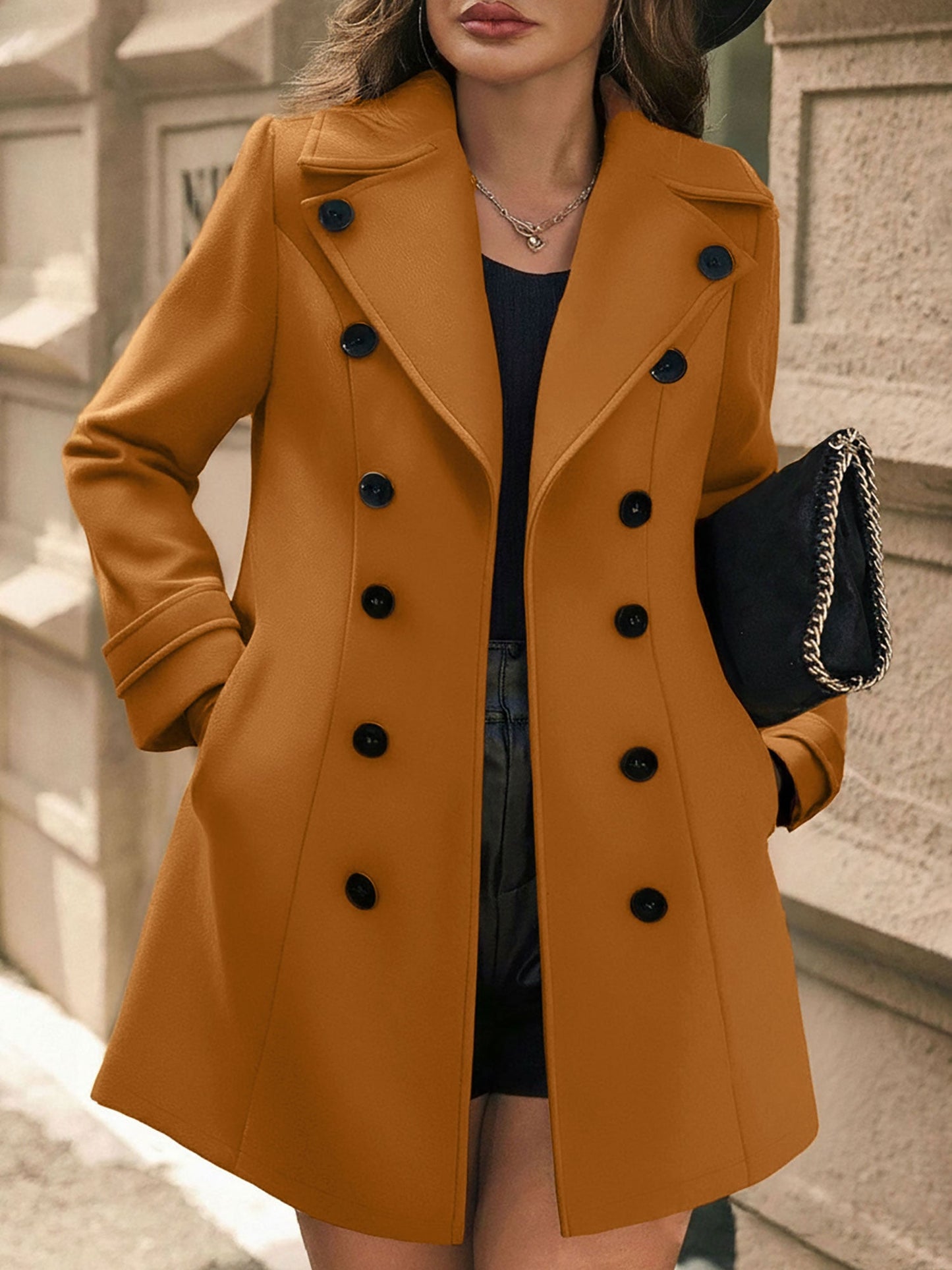 Elegant Wool Coat for Women with Notch Lapel Double Breasted Tailored Fit