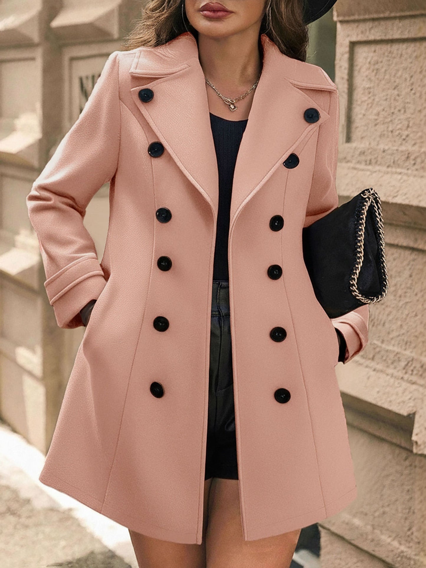 Elegant Wool Coat for Women with Notch Lapel Double Breasted Tailored Fit