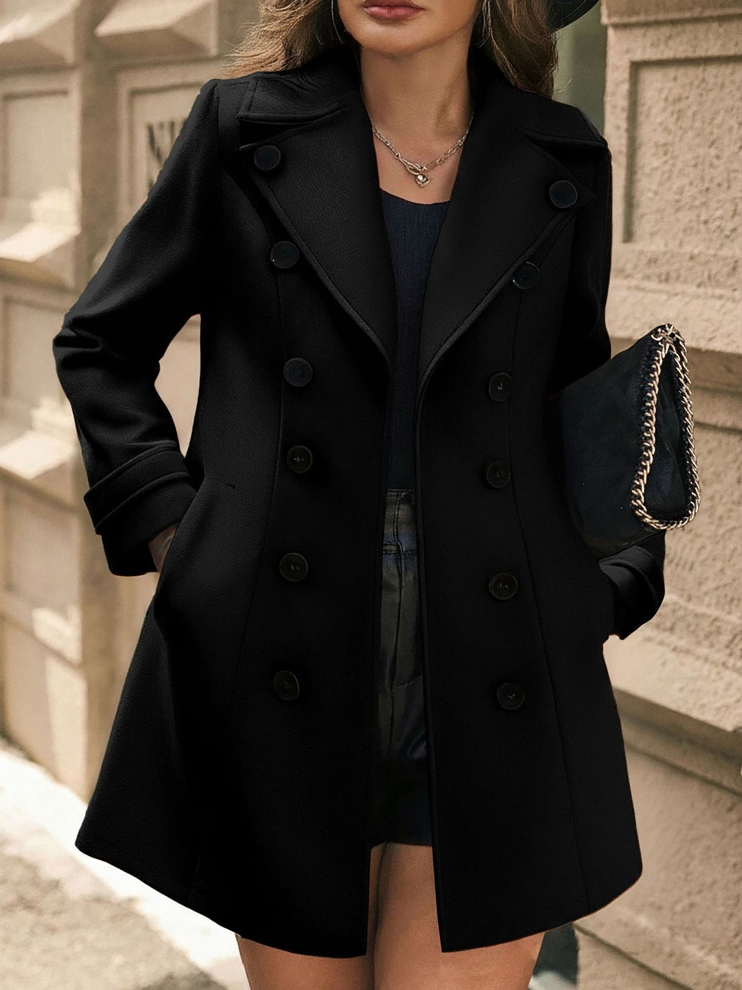 Elegant Wool Coat for Women with Notch Lapel Double Breasted Tailored Fit