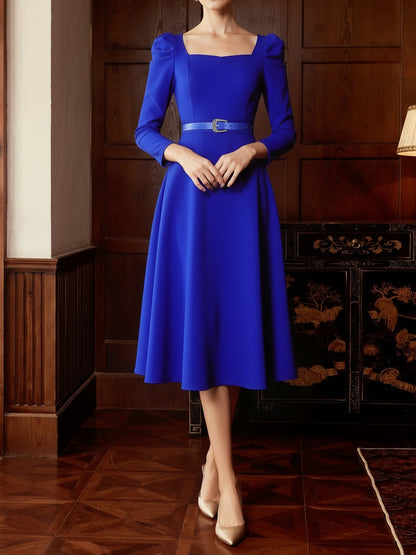 Elegant Mother of the Bride Midi Dress for Women with Square Neck Belted Long Sleeve