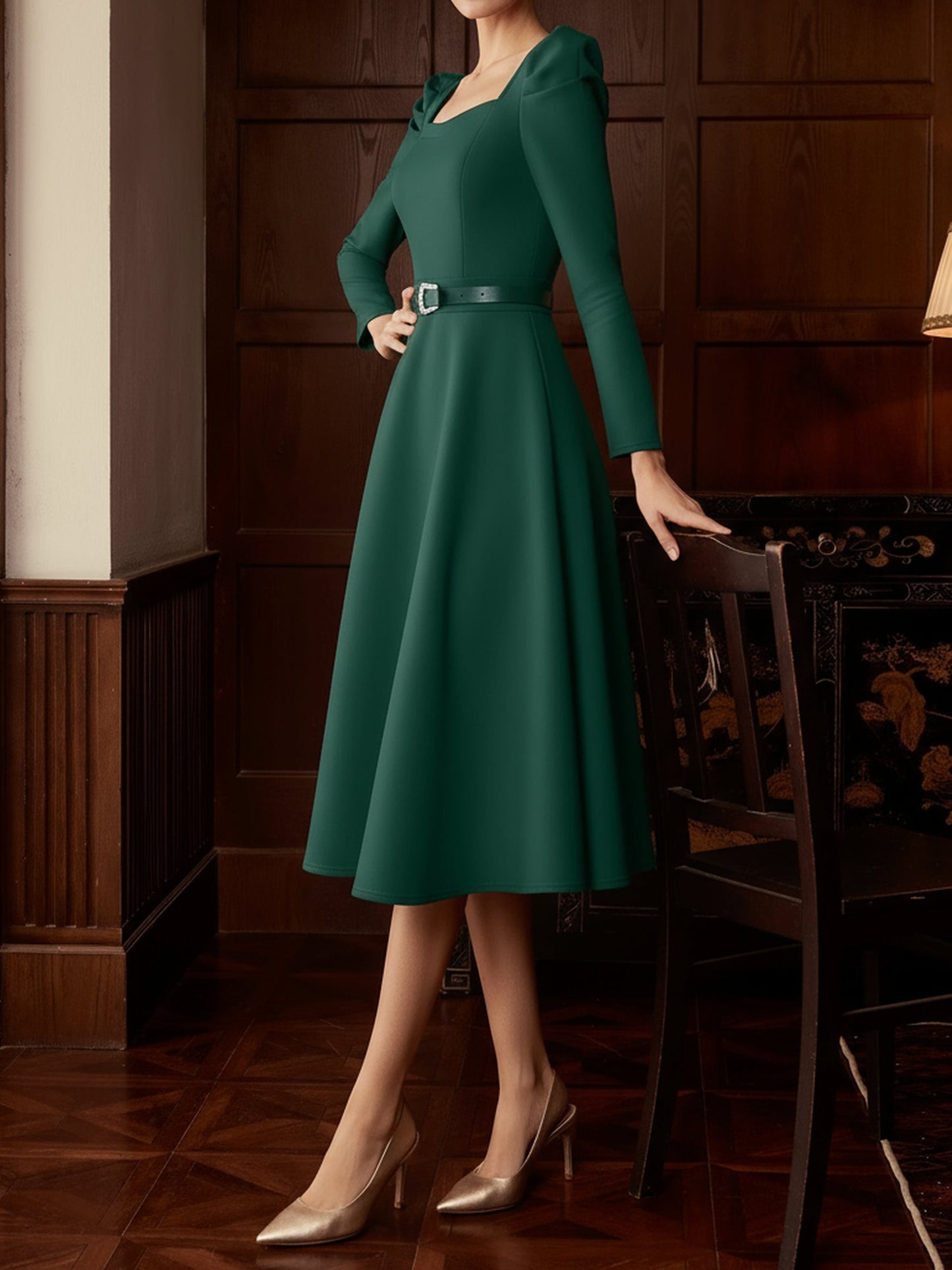 Elegant Mother of the Bride Midi Dress for Women with Square Neck Belted Long Sleeve