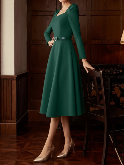 Elegant Mother of the Bride Midi Dress for Women with Square Neck Belted Long Sleeve