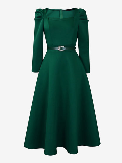 Elegant Mother of the Bride Midi Dress for Women with Square Neck Belted Long Sleeve