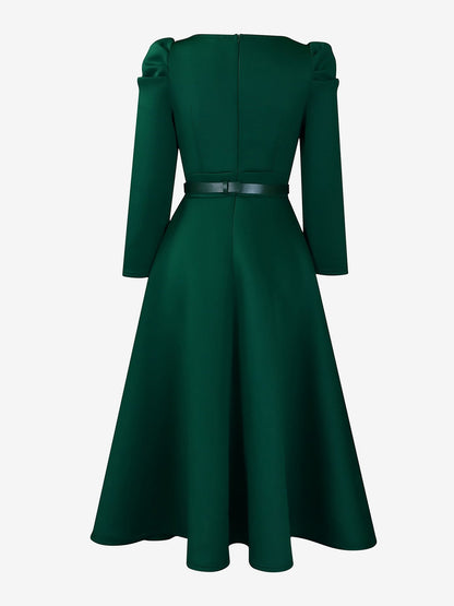 Elegant Mother of the Bride Midi Dress for Women with Square Neck Belted Long Sleeve