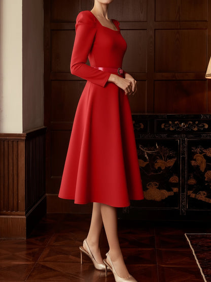 Elegant Mother of the Bride Midi Dress for Women with Square Neck Belted Long Sleeve