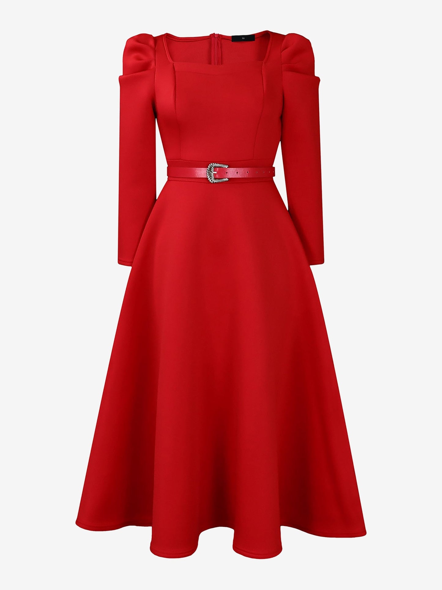 Elegant Mother of the Bride Midi Dress for Women with Square Neck Belted Long Sleeve