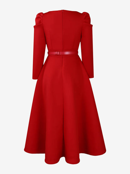 Elegant Mother of the Bride Midi Dress for Women with Square Neck Belted Long Sleeve