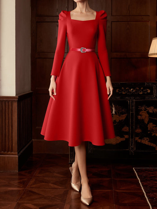 Elegant Mother of the Bride Midi Dress for Women with Square Neck Belted Long Sleeve