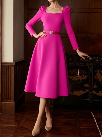 Elegant Mother of the Bride Midi Dress for Women with Square Neck Belted Long Sleeve