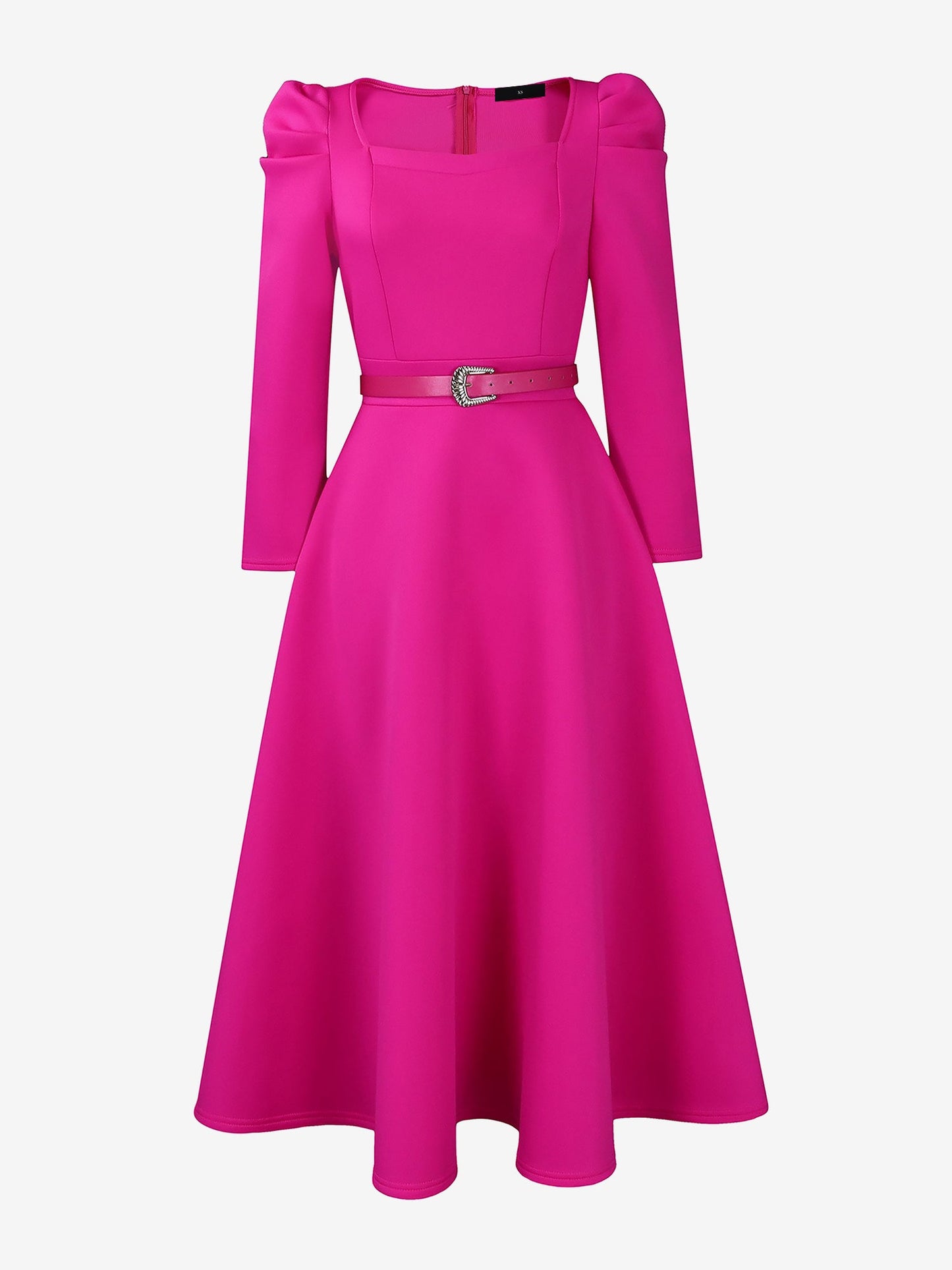 Elegant Mother of the Bride Midi Dress for Women with Square Neck Belted Long Sleeve