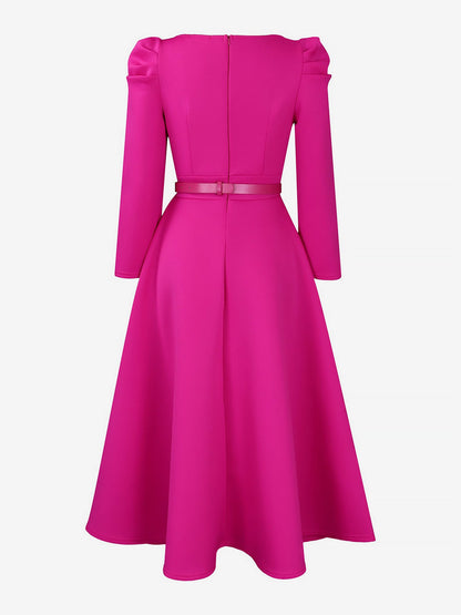 Elegant Mother of the Bride Midi Dress for Women with Square Neck Belted Long Sleeve